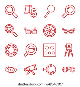Optical icons set. set of 16 optical outline icons such as theodolite, heart search, magnifier, eye test, eye, glasses, search, camera shutter, zoom out, camera mode