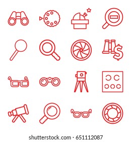 Optical icons set. set of 16 optical outline icons such as theodolite, binoculars, magnifier, eye test, glasses, search, camera shutter, zoom out, camera mode, telescope