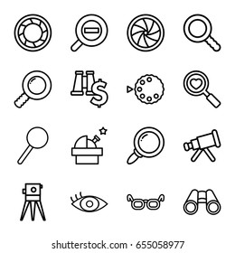 Optical icons set. set of 16 optical outline icons such as theodolite, heart search, binoculars, magnifier, eye, search, camera shutter, zoom out, camera mode, glasses