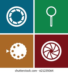 Optical icons set. set of 4 optical filled icons such as magnifier, camera shutter