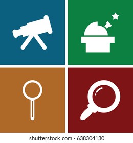 Optical icons set. set of 4 optical filled icons such as magnifier, search, observatory