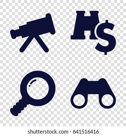 Optical icons set. set of 4 optical filled icons such as binoculars, search, binoculars with dollar sign