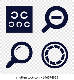 Optical icons set. set of 4 optical filled icons such as eye test, camera shutter, zoom out