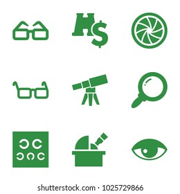 Optical icons. set of 9 editable filled optical icons such as search, binoculars with dollar sign, eye test, glasses, camera shutter, telescope, observatory