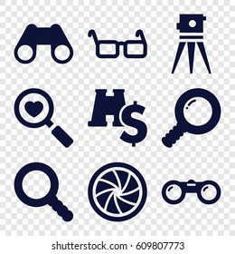 Optical icons set. set of 9 optical filled icons such as theodolite, heart search, binoculars, glasses, search, camera shutter