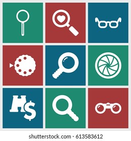 Optical icons set. set of 9 optical filled icons such as heart search, magnifier, search, camera shutter, camera mode, binoculars, binoculars with dollar sign