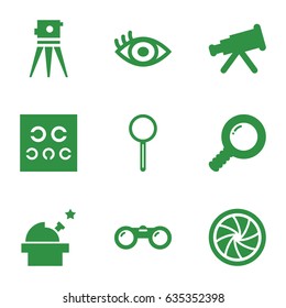 Optical icons set. set of 9 optical filled icons such as theodolite, magnifier, eye test, eye, camera shutter, binoculars, search, observatory