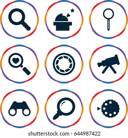 Optical icons set. set of 9 optical filled icons such as heart search, binoculars, magnifier, search, camera shutter, camera mode, observatory