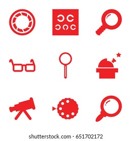 Optical icons set. set of 9 optical filled icons such as magnifier, eye test, glasses, camera shutter, camera mode, search, observatory