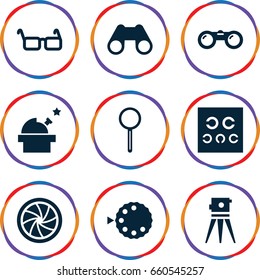 Optical icons set. set of 9 optical filled icons such as theodolite, binoculars, magnifier, eye test, glasses, camera shutter, camera mode