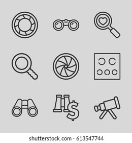 Optical icons set. set of 9 optical outline icons such as heart search, binoculars, eye test, search, camera shutter, telescope