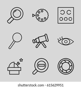 Optical icons set. set of 9 optical outline icons such as magnifier, eye test, eye, camera shutter, zoom out, camera mode, telescope, observatory