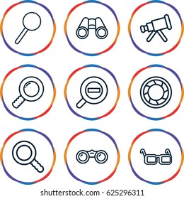 Optical icons set. set of 9 optical outline icons such as binoculars, magnifier, glasses, search, camera shutter, zoom out