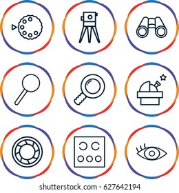 Optical icons set. set of 9 optical outline icons such as theodolite, binoculars, magnifier, eye test, eye, camera shutter, camera mode, observatory