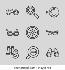 Optical icons set. set of 9 optical outline icons such as heart search, binoculars, glasses, camera shutter, zoom out, camera mode