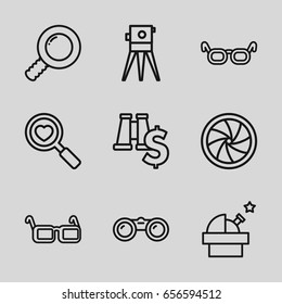 Optical icons set. set of 9 optical outline icons such as theodolite, heart search, glasses, camera shutter, binoculars, observatory, search