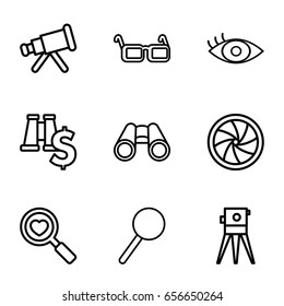 Optical icons set. set of 9 optical outline icons such as theodolite, heart search, binoculars, magnifier, eye, glasses, camera shutter, telescope