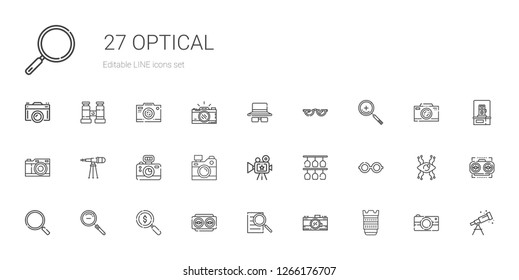 optical icons set. Collection of optical with camera lens, photo camera, searching, vision, loupe, zoom out, glasses, camera, telescope, zoom in. Editable and scalable optical icons.