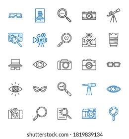 optical icons set. Collection of optical with search, photo camera, searching, loupe, eye, telescope, glasses, eyeglasses, camera, sunglasses. Editable and scalable optical icons.