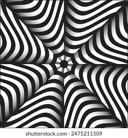 Optical illusion, 3D abstract monochrome background with line pattern, vector design, technology theme, dimensional line flow in perspective, big data, nanotechnology.