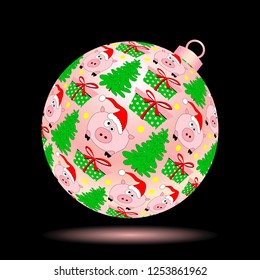 Optical illusion with 3d effect. Pink Christmas ball with amusing pigs in Santa hat, boxes and spruces. Banner with Chinese symbol of 2019. Can be used for New Year and Christmas design and more.