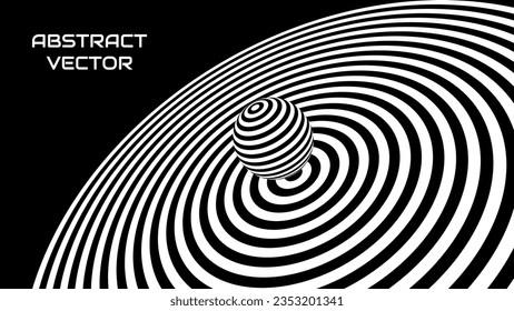 Optical Illusion 3D Sphere on Radial Target Black and White Background. Sphere of Stripes. Black and White Abstract Stripes Design Vector Illustration. 