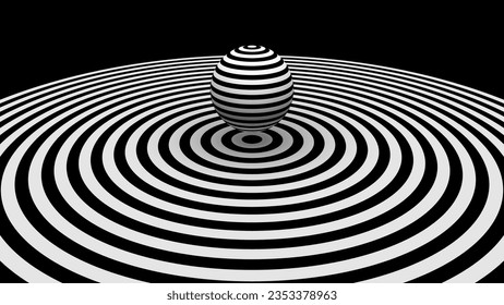 Optical Illusion 3D Sphere on Radial Target Black and White Background. Sphere of Stripes. Black and White Abstract Stripes Design Vector Illustration. 