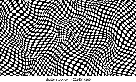 Optical illusion 3d wavy background. Abstract winding geometric black hills oval white cells with flow twisted pink lines constantly changing shape scanned vector surface map with curves.