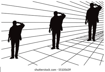 Optical Illusion About Different Size In Perspective. All Three Men Silhouettes Are Same Size. Mistake Perception Of Human Eye. Vector Illustration.