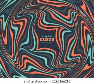 Optical illusion, abstract background. Hypnosis twisted spiral design concept for hypnosis, infinity, unconscious, psychic, chaos, extrasensory. Vector colorful striped swirl. Hypnotic wavy pattern