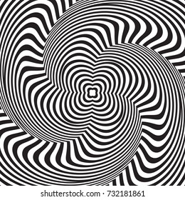 Optical illusion, abstract background. Hypnosis twisted spiral design concept for hypnosis, infinity, unconscious, psychic, chaos, extrasensory. Vector black striped swirl. Hypnotic wavy pattern