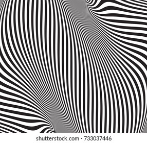 Optical illusion, abstract background. Hypnosis twisted spiral design concept for hypnosis, infinity, unconscious, psychic, chaos, extrasensory. Vector black-white striped swirl. Hypnotic wavy pattern