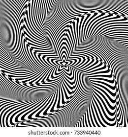 Optical illusion, abstract background. Hypnosis twisted spiral design concept for hypnosis, infinity, unconscious, psychic, chaos, extrasensory. Vector black-white striped swirl. Hypnotic wavy pattern