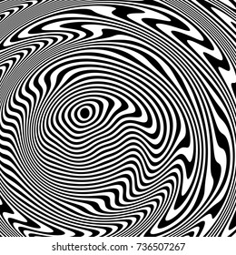 Optical illusion, abstract background. Hypnosis twisted spiral design concept for hypnosis, infinity, unconscious, psychic, chaos, extrasensory. Vector black-white striped swirl. Hypnotic wavy pattern