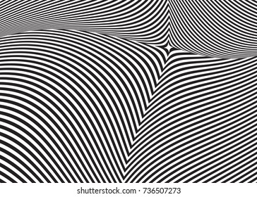 Optical illusion, abstract background. Hypnosis twisted spiral design concept for hypnosis, infinity, unconscious, psychic, chaos, extrasensory. Vector black-white striped swirl. Hypnotic wavy pattern