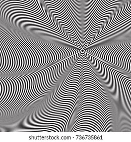 Optical illusion, abstract background. Hypnosis twisted spiral design concept for hypnosis, infinity, unconscious, psychic, chaos, extrasensory. Vector black-white striped swirl. Hypnotic wavy pattern
