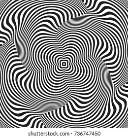 Optical illusion, abstract background. Hypnosis twisted spiral design concept for hypnosis, infinity, unconscious, psychic, chaos, extrasensory. Vector black-white striped swirl. Hypnotic wavy pattern