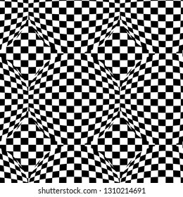 Optical illusion, abstract background. Hypnotic wavy checkered pattern. Poly art seamless pattern.