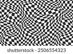 Optical illusion abstract background. Warped effect Y2k distorted pattern. Black and white wavy design for banner. Checkerboard psychedelic print. Vector illustration