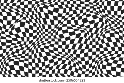 Optical illusion abstract background. Warped effect Y2k distorted pattern. Black and white wavy design for banner. Checkerboard psychedelic print. Vector illustration