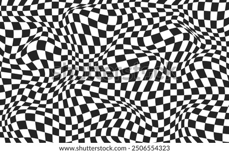 Optical illusion abstract background. Warped effect Y2k distorted pattern. Black and white wavy design for banner. Checkerboard psychedelic print. Vector illustration