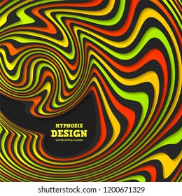 Optical illusion, abstract colorful background. Hypnosis twisted spiral design concept for hypnosis, infinity, unconscious, psychic, chaos. Vector colorful striped swirl. Hypnotic wavy pattern