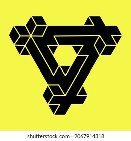 Optical illusion. Abstract eternal geometric objects. Impossible shapes. Sacred geometry figure. Impossible endless outline shapes. Optical art. Impossible geometry shape on a yellow background. 