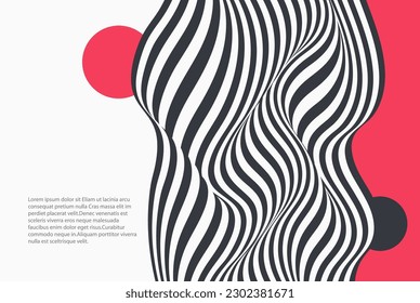 Optical illusion. Abstract geometric background.
Black and white wavy lines with geometric shapes.
