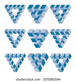 Optical illusion, abstract geometric design element set. Printoptical illusion symbols, Impossible sign. Colored vector design