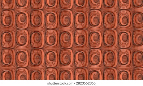 Optical illusion, abstract pattern, black and orange, geometric design, repeating shapes, wavy lines, hypnotic effect, detailed art