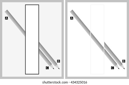 Optical illusion - although it seems that the pencil goes from point A to point B, in reality it goes from A to C - explanation ot the right 