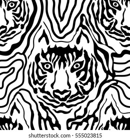 Optical illusion animal print. Seamless vector pattern with hand drawn tiger face and chaotic stripes. Safari textile collection. Black on white.