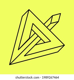 Optical illusion arrow, impossible geometric figure, sacred geometry, black lines on a yellow background, op art