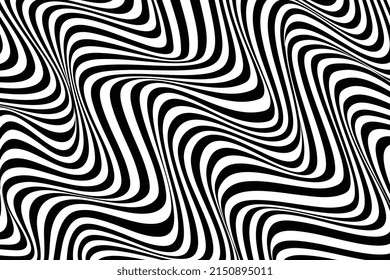 Optical illusion art. Abstract wavy stripe flow background. Black and white lines pattern design